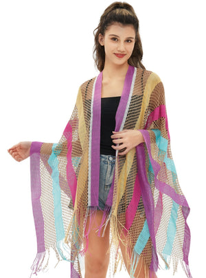 Rainbow Stripe Summer Sunscreen Thin Hollow Shawl