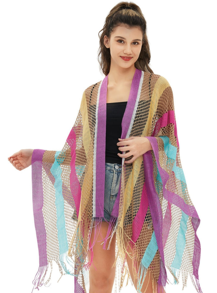 Rainbow Stripe Summer Sunscreen Thin Hollow Shawl