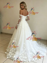 White Tulle Long Sleeve Butterfly Wedding Dress