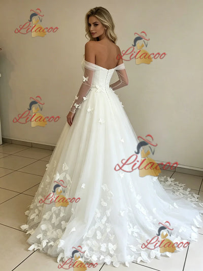 White Tulle Long Sleeve Butterfly Wedding Dress