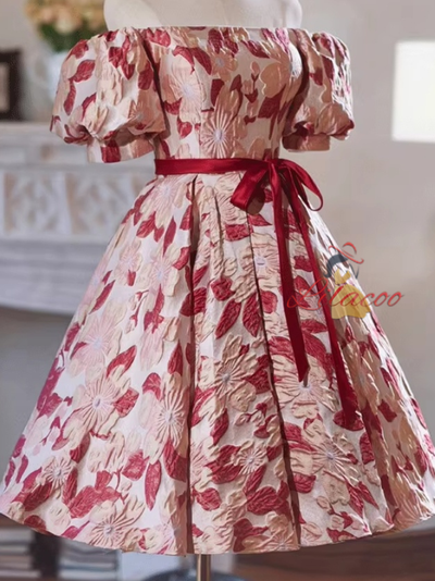 A-Line Flower Puff Sleeve Homecoming Dress