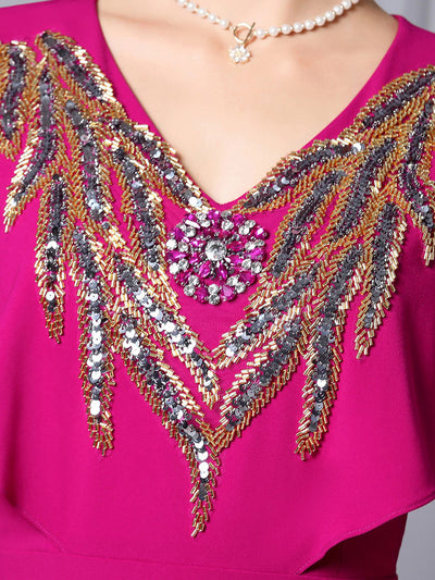 Fuchsia V-neck Beading Mother of the Bride Dress