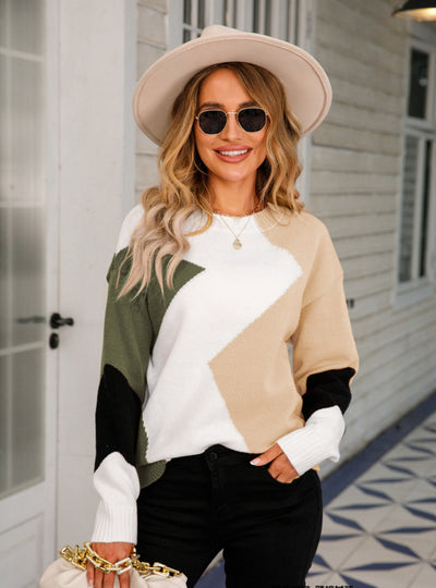 Long Sleeve Round Neck Diamond Sweater