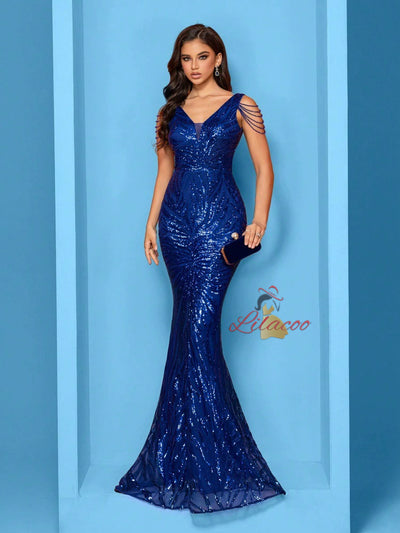 Royal Blue Mermaid Seuqins V-neck Prom Dress