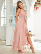 Pink Chiffon Spaghetti Straps Split Party Dress