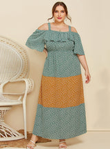 Strap Ruffled Loose Floral Contrast Color Dress