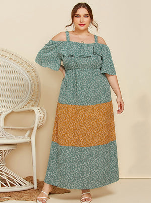 Strap Ruffled Loose Floral Contrast Color Dress