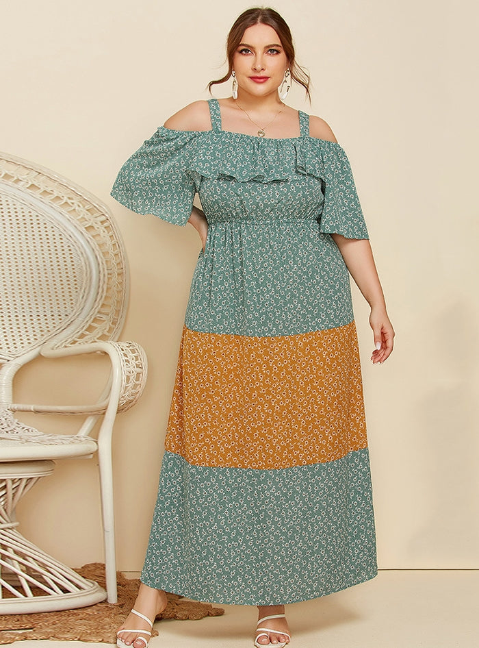 Strap Ruffled Loose Floral Contrast Color Dress