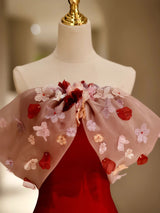 Burgundy Satin Colorful Flower Prom Dress