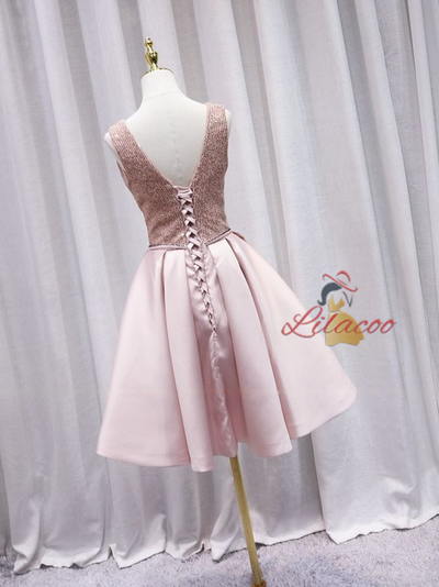 Pink Satin Sequins V-neck Homecoming Dress