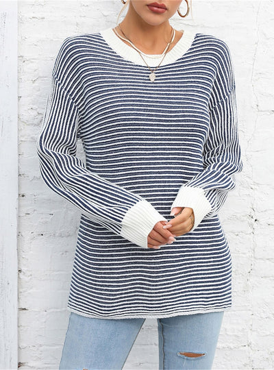 Colour Matching Round Neck Striped Pullover Sweater