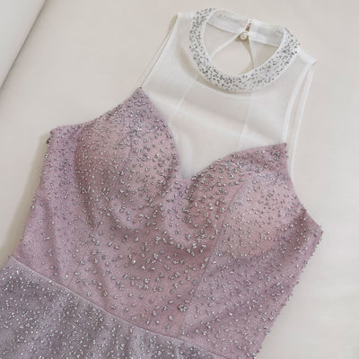 Gray Tulle Sequins Backless Prom Dress