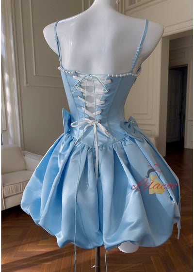 Blue Satin Straps Crystal Short Prom Dress