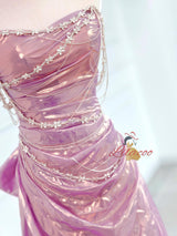Pink Strapless Pleats Beading Bow Prom Dress