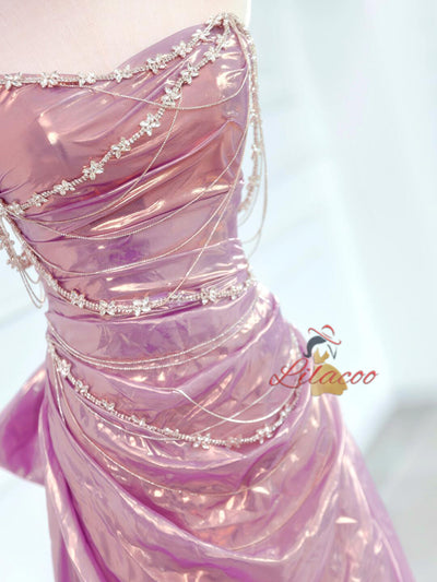 Pink Strapless Pleats Beading Bow Prom Dress
