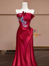 Red Satin Strapless Appliques Pleats Prom Dress