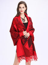 Printed Bat Sleeve Tassel Knitted Shawl