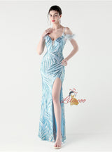 Memraid Sequins Spaghetti Straps Feather Split Prom Dress