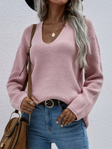 Solid Color Pullover Loose V-neck Sweater