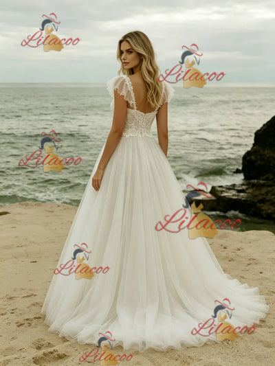 White Tulle Lace Straps Wedding Dress