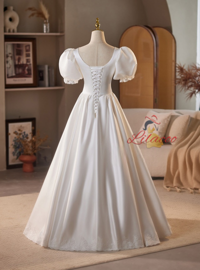 White Satin Lace Puff Sleeve Wedding Dress