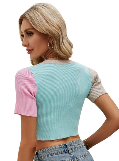 Short-sleeved Contrast Knitted Top