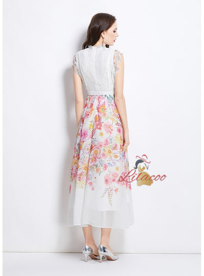 Retro Lace Stitching Printed Chiffon Dress