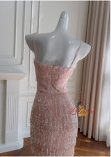 Pink Sequins Beading Straps Prom Dress