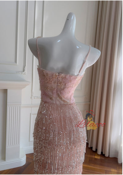 Pink Sequins Beading Straps Prom Dress