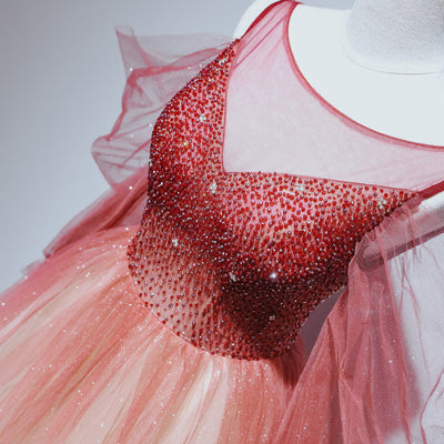 Burgundy Tulle Sequins Beading Long Sleeve Prom Dress