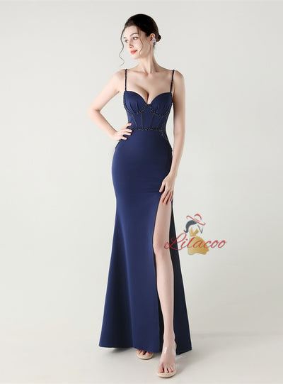 Spaghetti Straps Split Beading Prom Dress