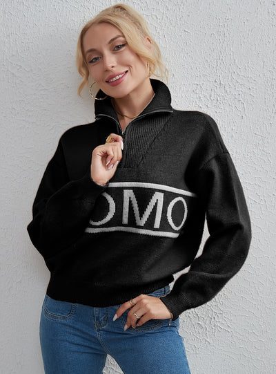 Women Letter Lapel Zipper Sweater