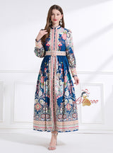Long Sleeve Retro Print Long Dress