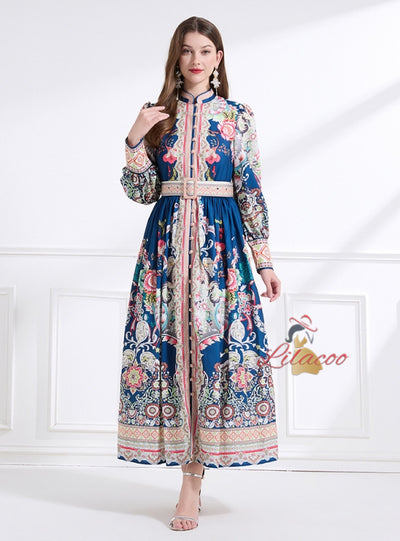 Long Sleeve Retro Print Long Dress