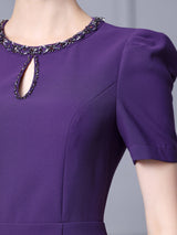 Purple Short Sleeve Beading Mother Of The Bride Dress