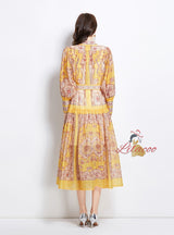 Retro Lapel Print Slim Long Dress