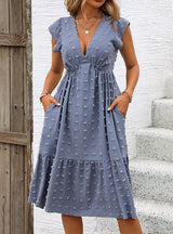 Blue Loose Jacquard Lotus Leaf Sleeve Dress