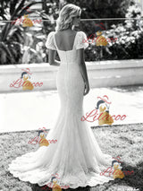 White Mermaid Lace Puff Sleeve Wedding Dress