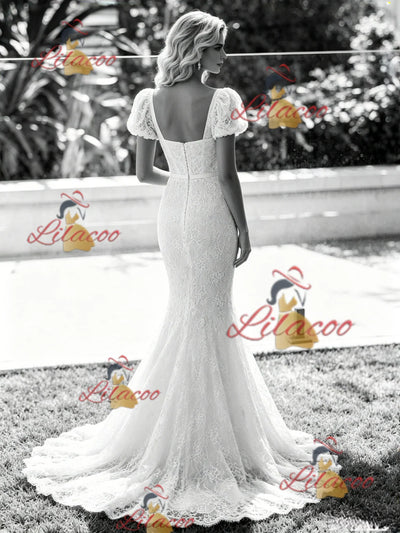 White Mermaid Lace Puff Sleeve Wedding Dress