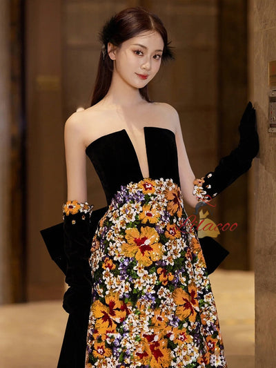 Sexy Sequins Black Velvet Strapless Prom Dress