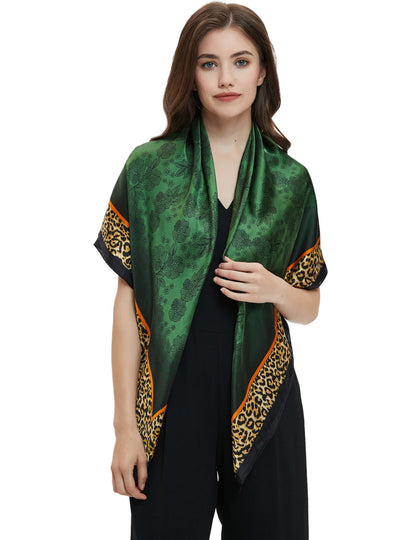 Green Chiffon Leopard Print Square Scarf