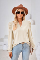 Solid Color V-neck Long Sleeve Loose T-shirt