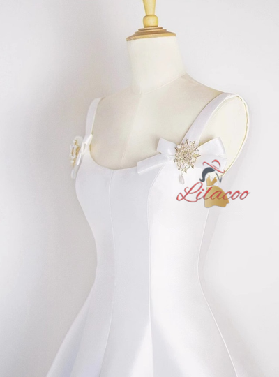White Satin Straps Beading Wedding Dress