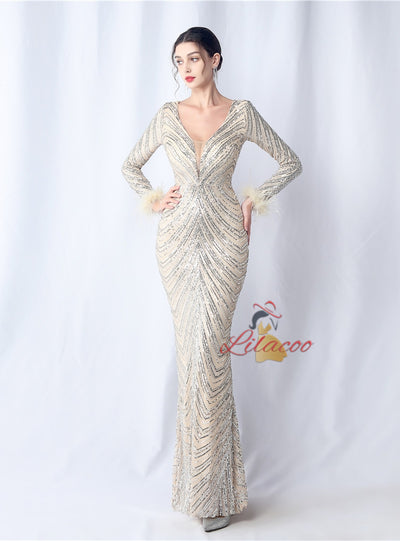 Long Sleeve Mermaid V-neck Prom Dress