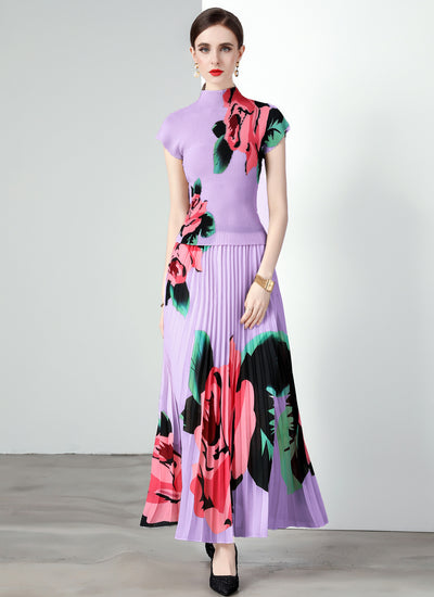 Pleated Slim Printed T-shirt Skirt Two-piece Dress