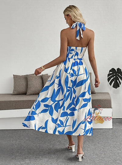 Halter Split Plant Print Dress