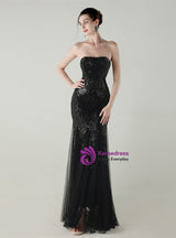 Mermaid Tulle Sequins Strapless Beading Prom Dress