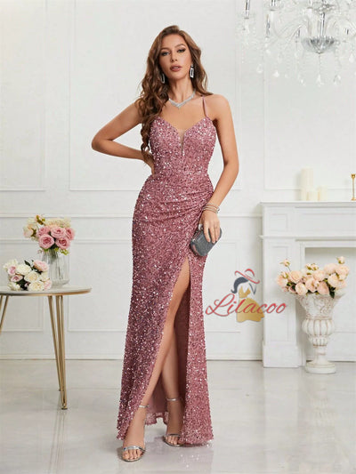 Pink Sequins V-neck Pleats Prom Dress