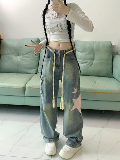 Retro Star Patch Loose Straight Jeans