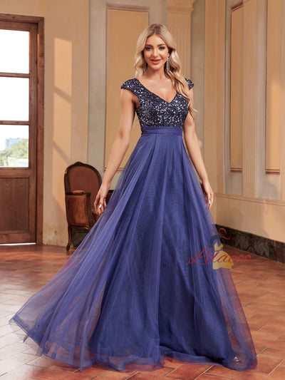 V-neck Sequin Tulle Prom Dress